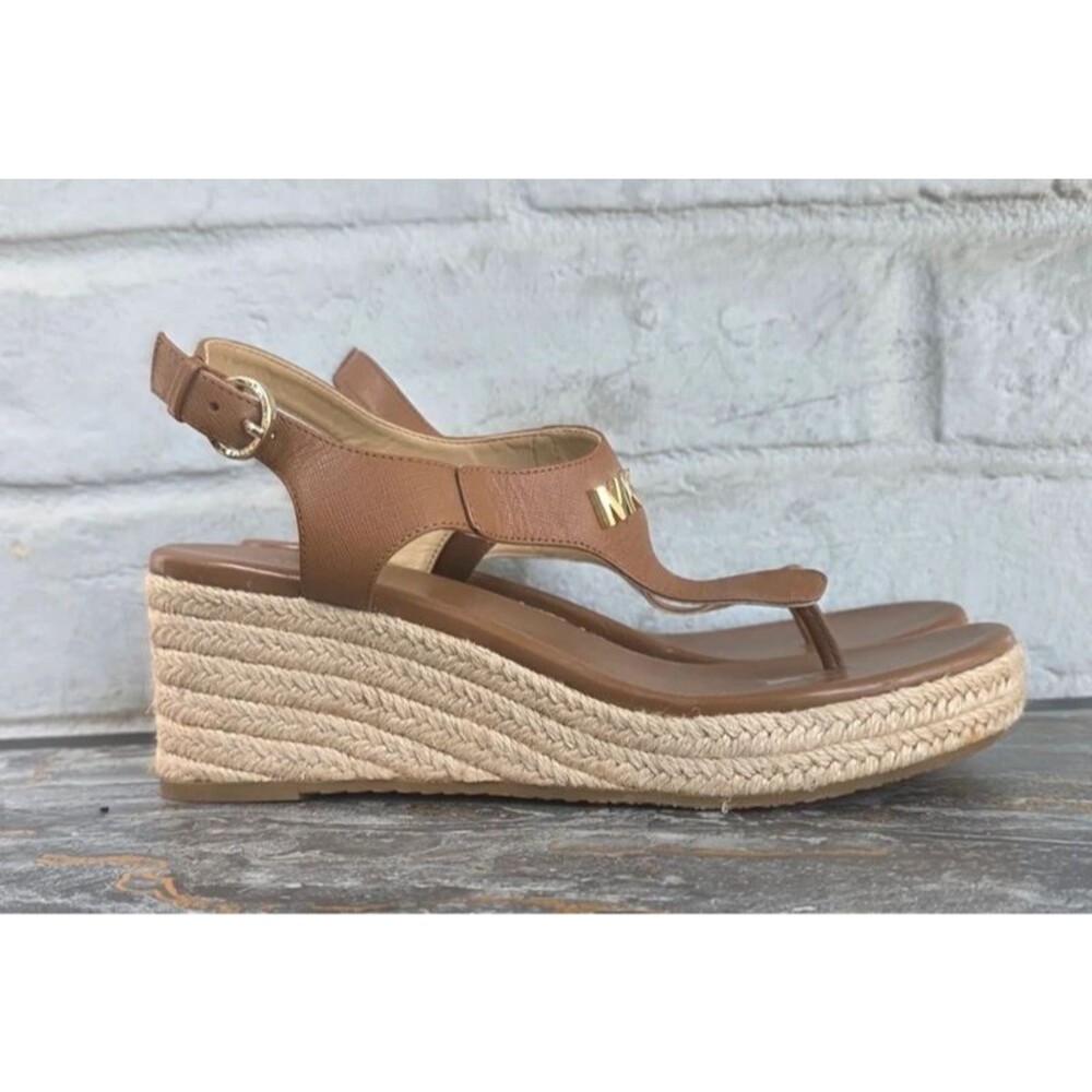 Michael Kors Laney Thong Espadrille Wedge Sandals Luggage Brown Size 6.5M